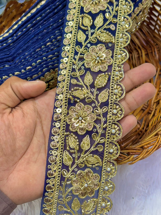 ✨ Premium Golden Embroidered Zari Lace – Elegant Decorative Border pack of 9 meter DARK BLUE