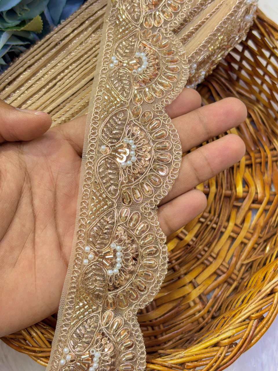 ✨ Premium handmade Golden cutwork Embroidered Zari Lace – Elegant Decorative Border pack of 9 meter rose gold colour