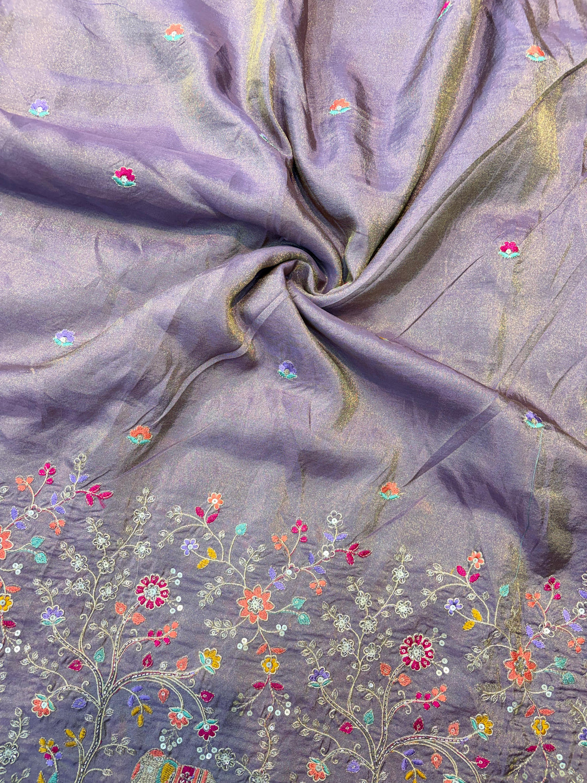 🐘Royal Forest Elephant Lavender 👗Embroidered Pure🥻 Viscose Tissue Fabric width44