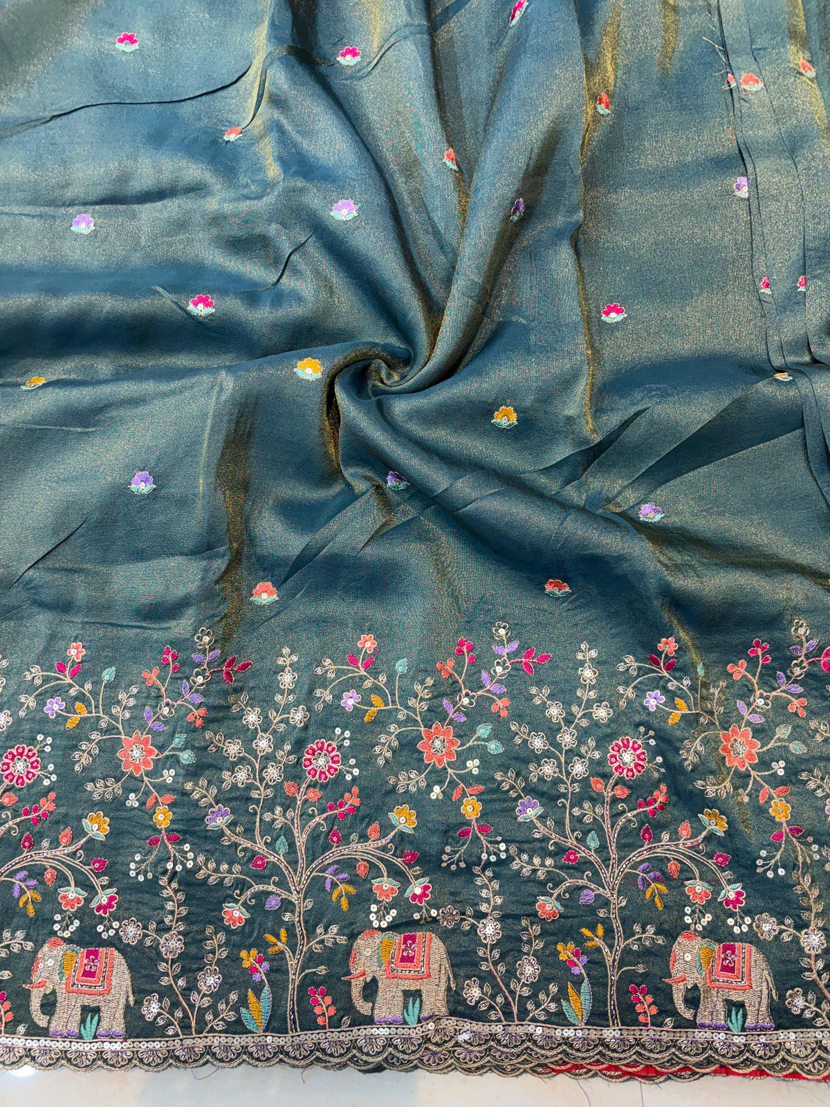 🐘Royal Forest Elephant Teal Green 👗Embroidered Pure🥻 Viscose Tissue Fabric width44