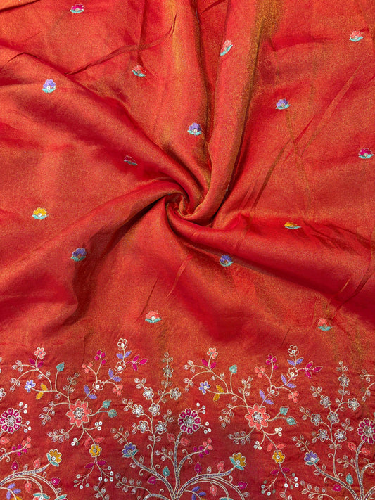 🐘Royal Forest Elephant Rust Orange 👗Embroidered Pure🥻 Viscose Tissue Fabric width44