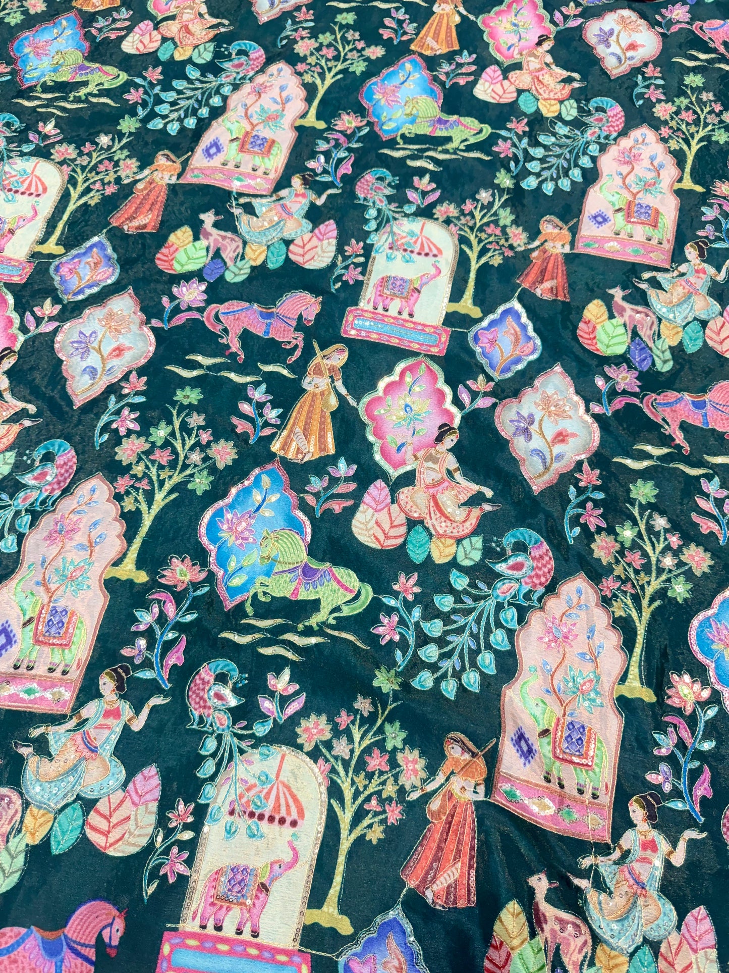 Kalamkari Luxury Heritage Print Fabric – 44 Inches Width (Midnight green)