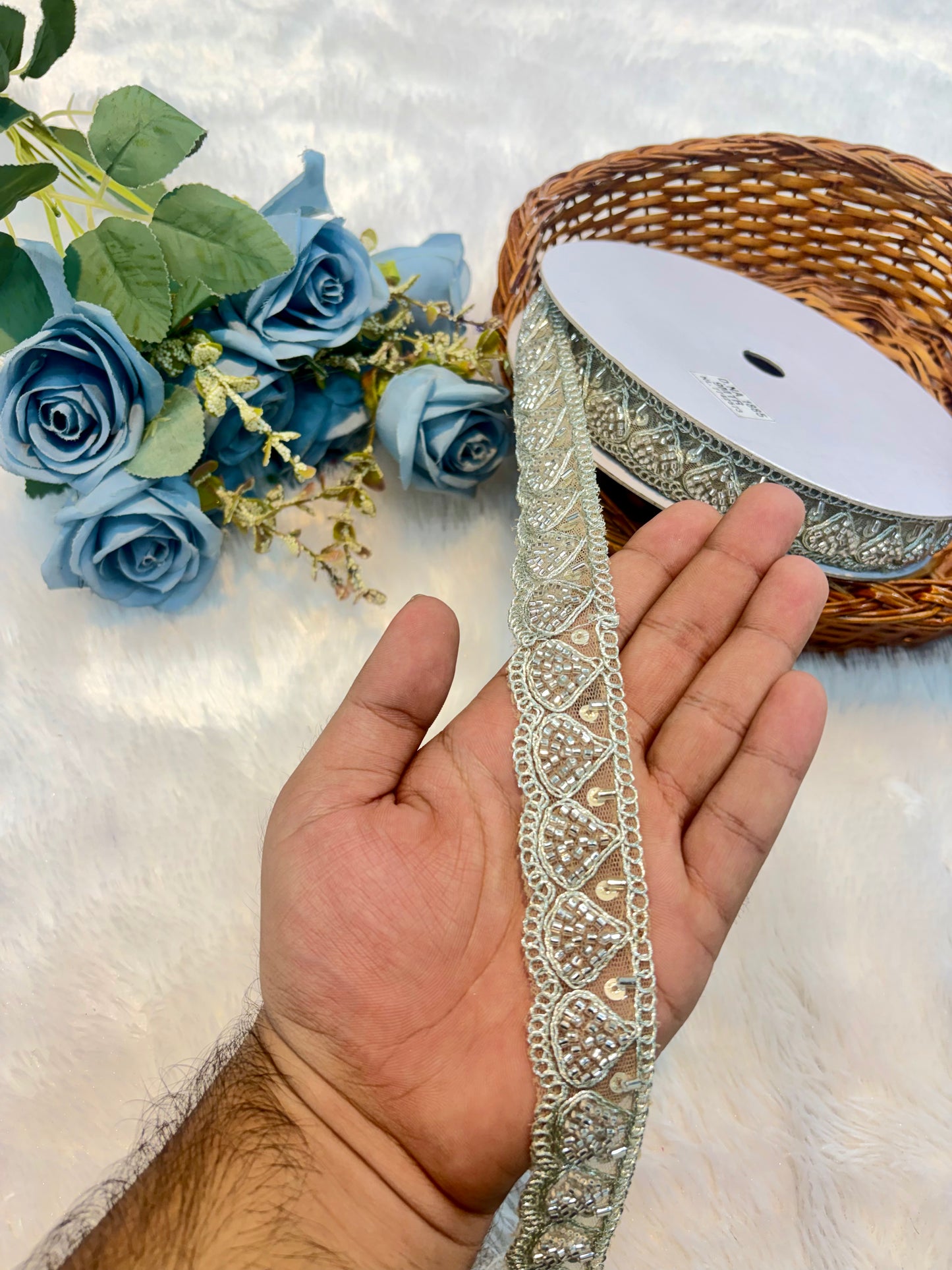 Premium Silver Pearl Lace Trim – Elegant Embellished Border Ribbon (water green)