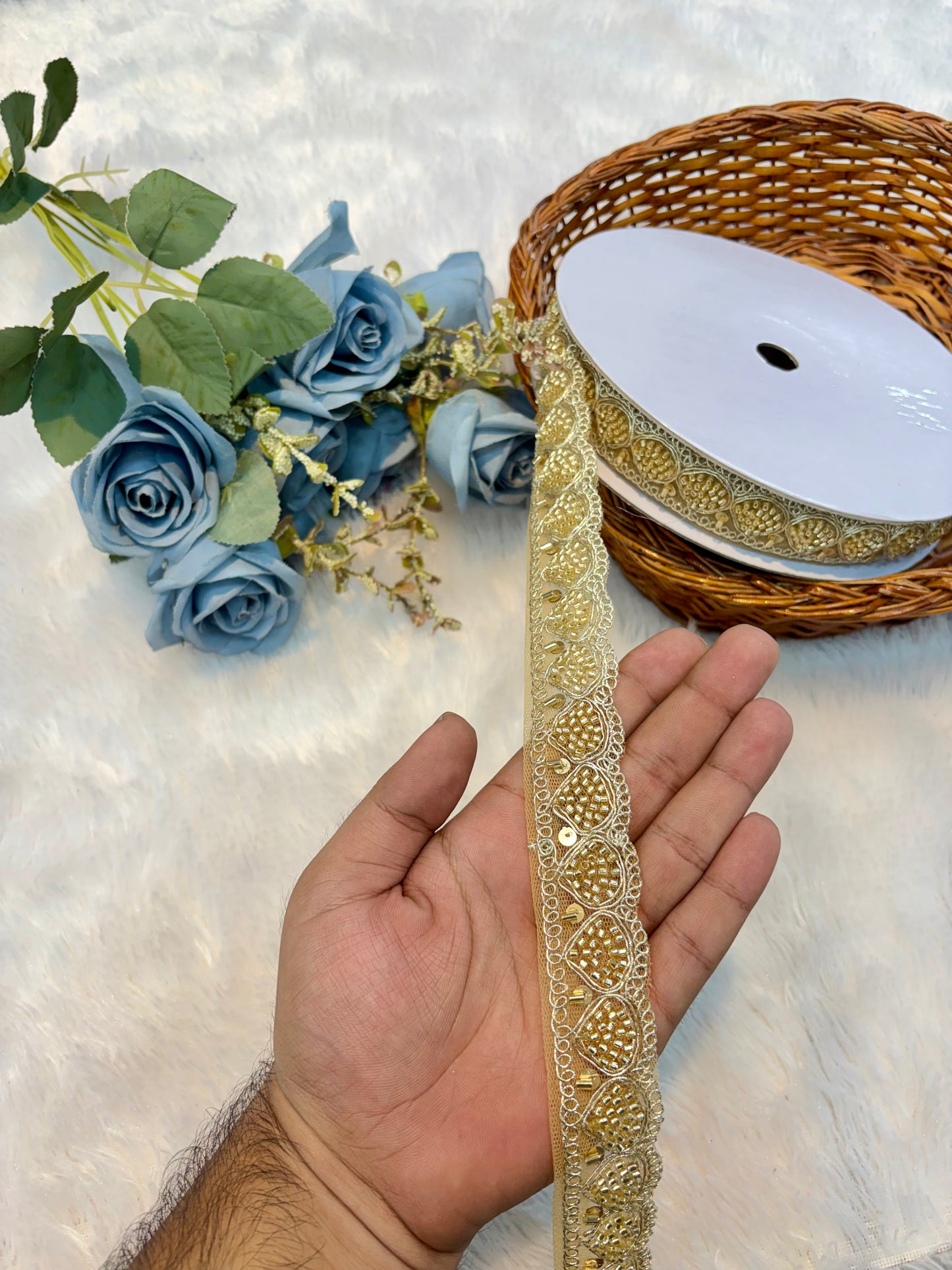 Premium Silver Pearl Lace Trim – Elegant Embellished Border Ribbon (gold)