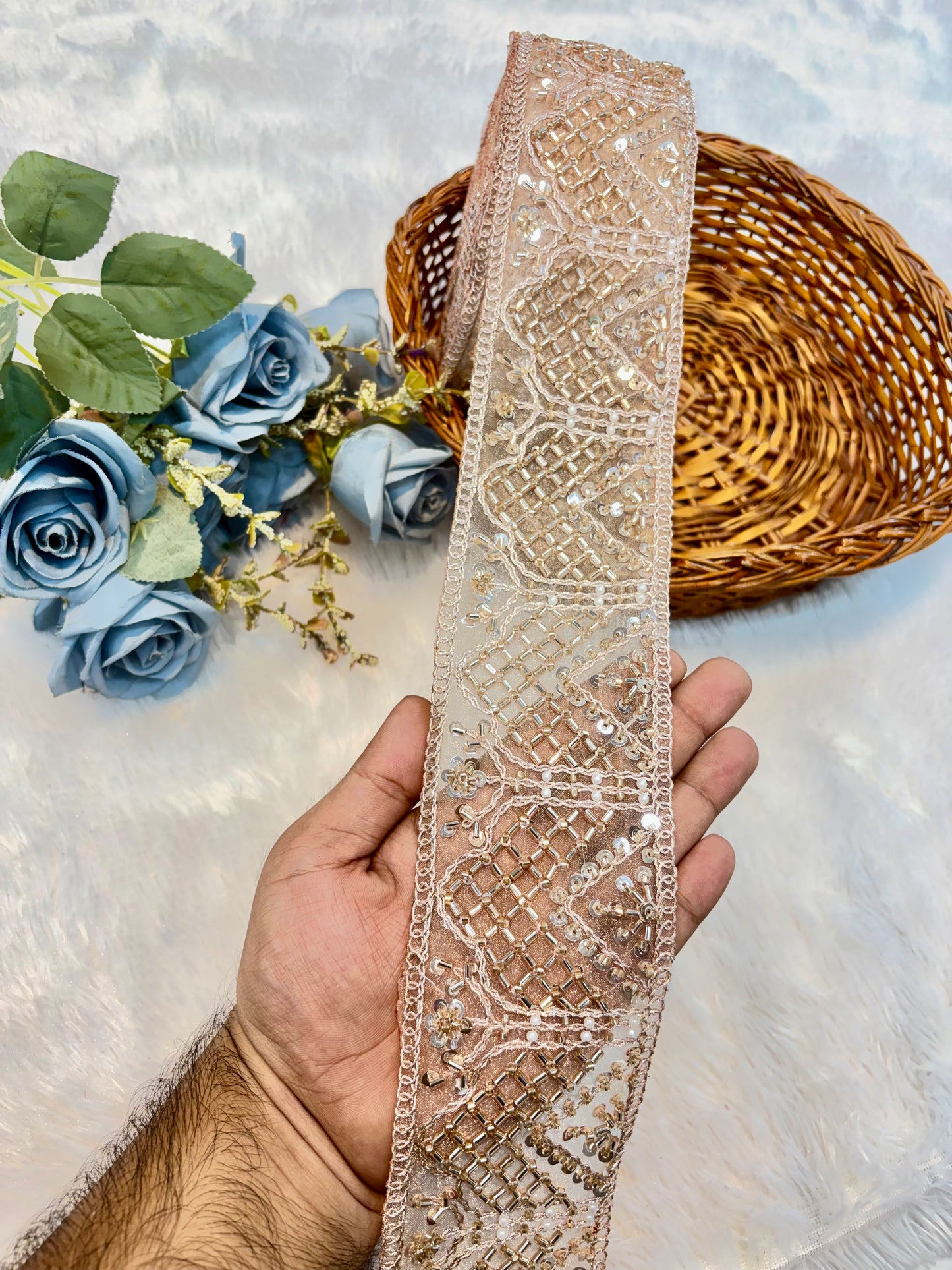 Premium Handmade Embroidered Lace – 9 Meter Designer Border Trim (rose gold)