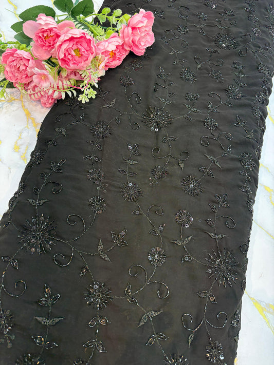 Midnight Bloom Beaded pure foog Georgette soft structure Fabric width 44 sare , frock , blouse and etc