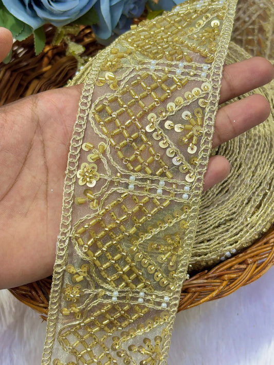 ✨ Premium Golden hand made 3inch Embroidered Zari Lace – Elegant Decorative Border pack of 9 meter golden