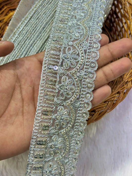 ✨ Premium Golden hand made Embroidered Zari Lace – Elegant Decorative Border pack of 9 meter silver lace