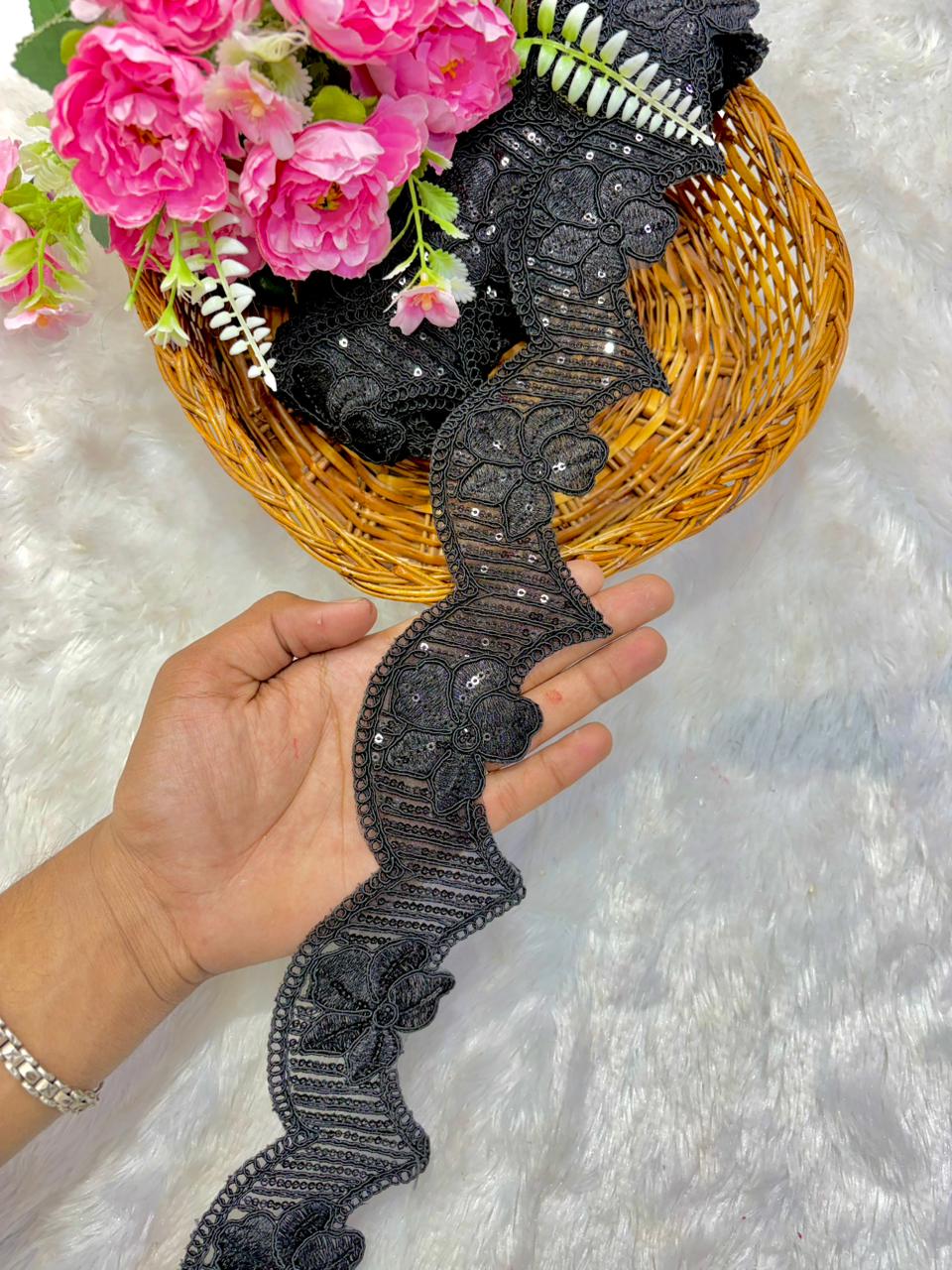 Premium Black Floral Embroidered Scalloped Lace Border pack of 9 meter