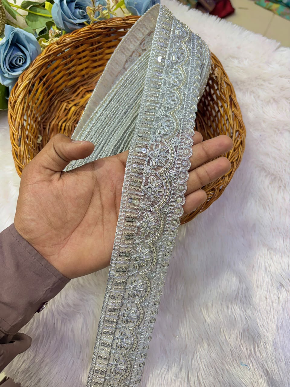 ✨ Premium Golden hand made  Embroidered Zari Lace – Elegant Decorative Border pack of 9 meter silver lace