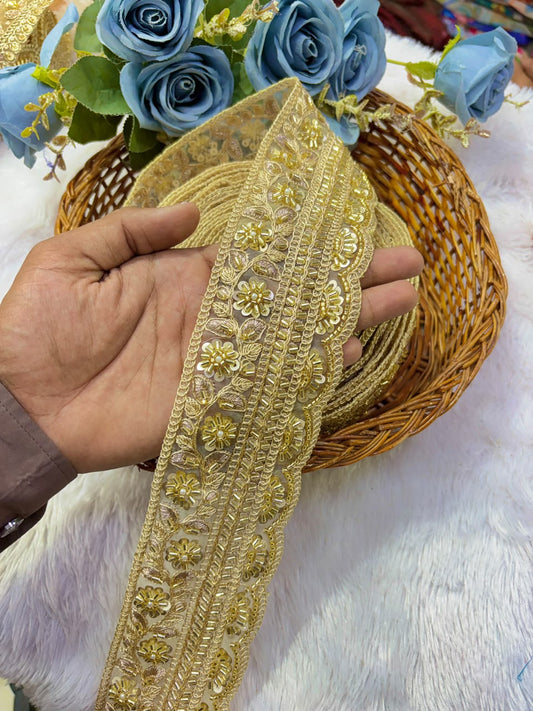 ✨ Premium Golden hand made  Embroidered Zari Lace – Elegant Decorative Border pack of 9 meter golden