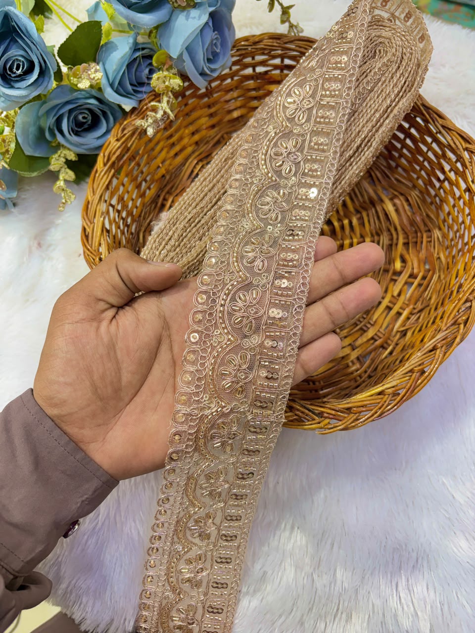 ✨ Premium Golden hand made  Embroidered Zari Lace – Elegant Decorative Border pack of 9 meter  rose gold