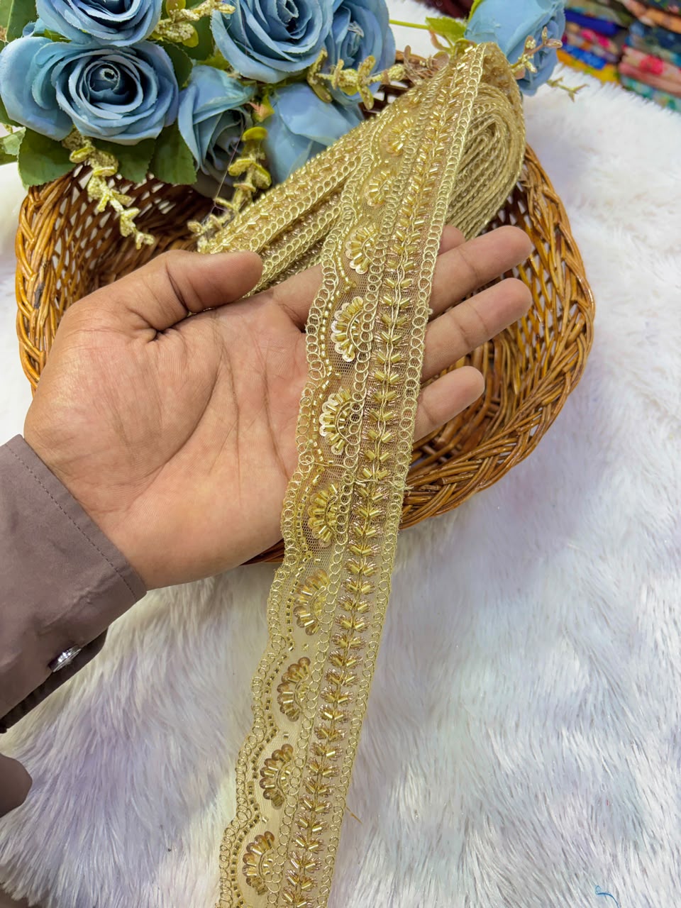 ✨ Premium Golden hand made  Embroidered Zari Lace – Elegant Decorative Border pack of 9 meter rose golden