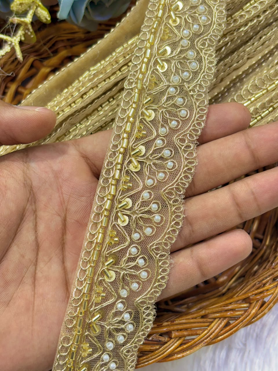 ✨ Premium Golden hand made  Embroidered Zari Lace – Elegant Decorative Border pack of 9 meter golden