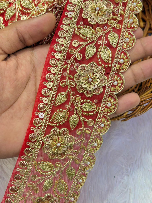 ✨ Premium Golden Embroidered Zari Lace – Elegant Decorative Border pack of 9 meter BRIDAL RED LACE