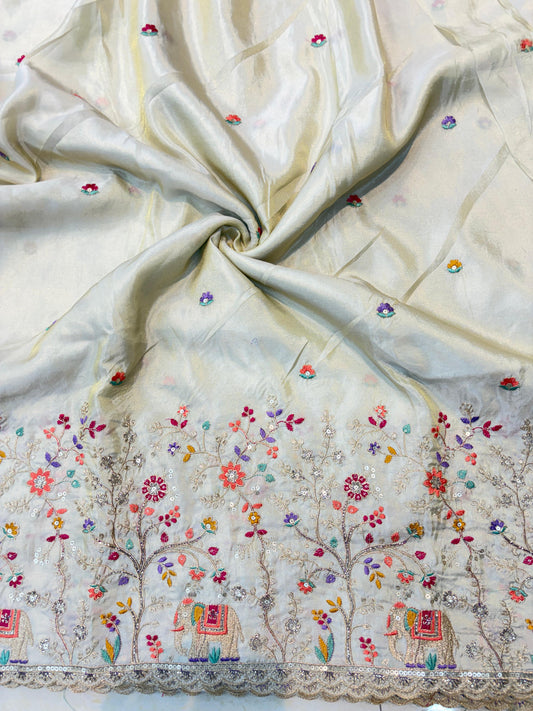 🐘Royal Forest Elephant Ivory Cream 👗Embroidered Pure🥻 Viscose Tissue Fabric width44