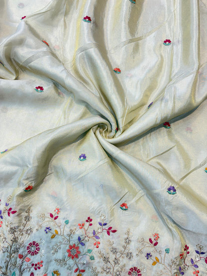 🐘Royal Forest Elephant Ivory Cream 👗Embroidered Pure🥻 Viscose Tissue Fabric width44