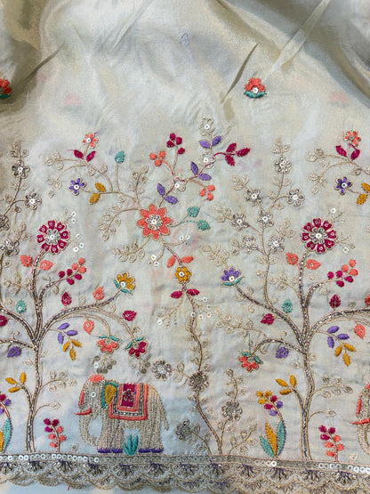 🐘Royal Forest Elephant Ivory Cream 👗Embroidered Pure🥻 Viscose Tissue Fabric width44