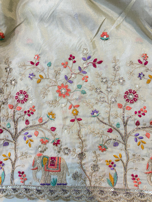 🐘Royal Forest Elephant Ivory Cream 👗Embroidered Pure🥻 Viscose Tissue Fabric width44