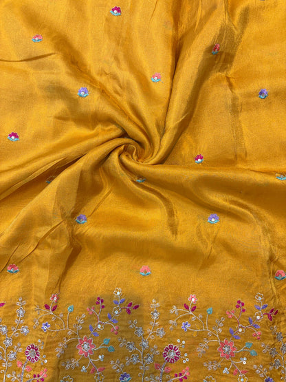 🐘Royal Forest Elephant Mustard Gold 👗Embroidered Pure🥻 Viscose Tissue Fabric width44