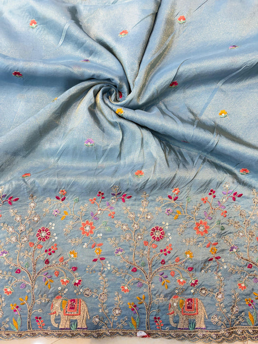 🐘Royal Forest Elephant Sky Blue 👗Embroidered Pure🥻 Viscose Tissue Fabric width44
