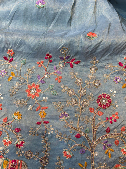 🐘Royal Forest Elephant Sky Blue 👗Embroidered Pure🥻 Viscose Tissue Fabric width44