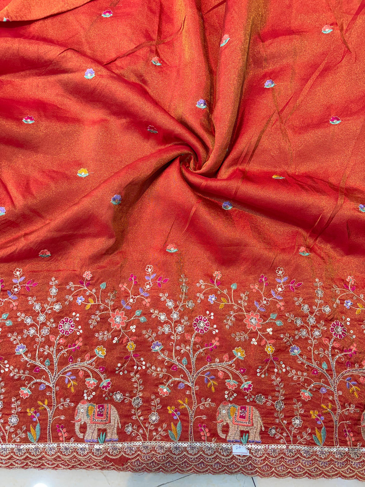 🐘Royal Forest Elephant Rust Orange 👗Embroidered Pure🥻 Viscose Tissue Fabric width44