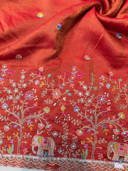 🐘Royal Forest Elephant Rust Orange 👗Embroidered Pure🥻 Viscose Tissue Fabric width44