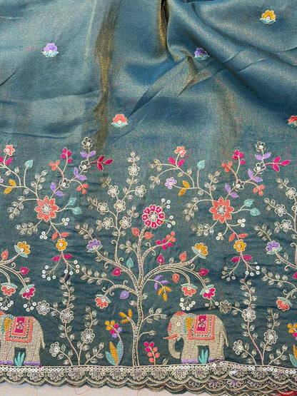 🐘Royal Forest Elephant Teal Green 👗Embroidered Pure🥻 Viscose Tissue Fabric width44