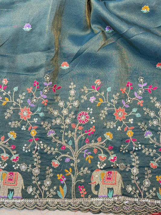 🐘Royal Forest Elephant Teal Green 👗Embroidered Pure🥻 Viscose Tissue Fabric width44