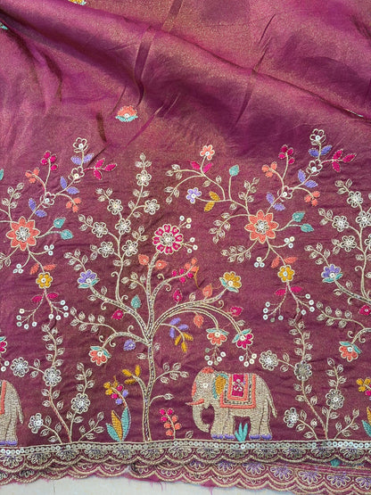 🐘Royal Forest Elephant Wine Magenta 👗Embroidered Pure🥻 Viscose Tissue Fabric width44