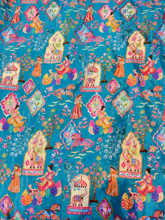 Kalamkari Luxury Heritage Print Fabric – 44 Inches Width (iced blue)