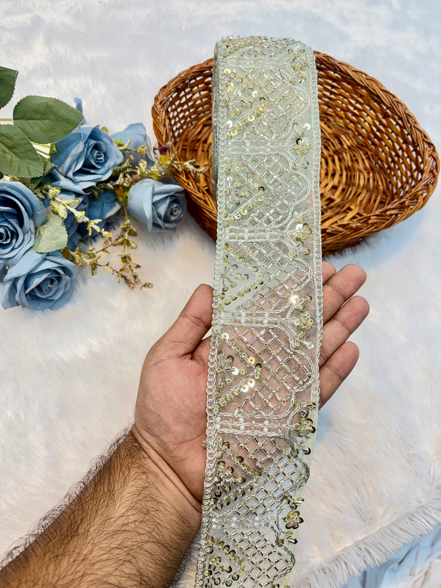 Premium Handmade Embroidered Lace – 9 Meter Designer Border Trim (water green)