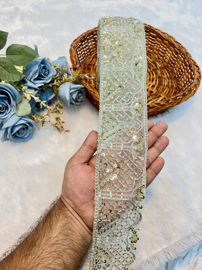 Premium Handmade Embroidered Lace – 9 Meter Designer Border Trim (water green)