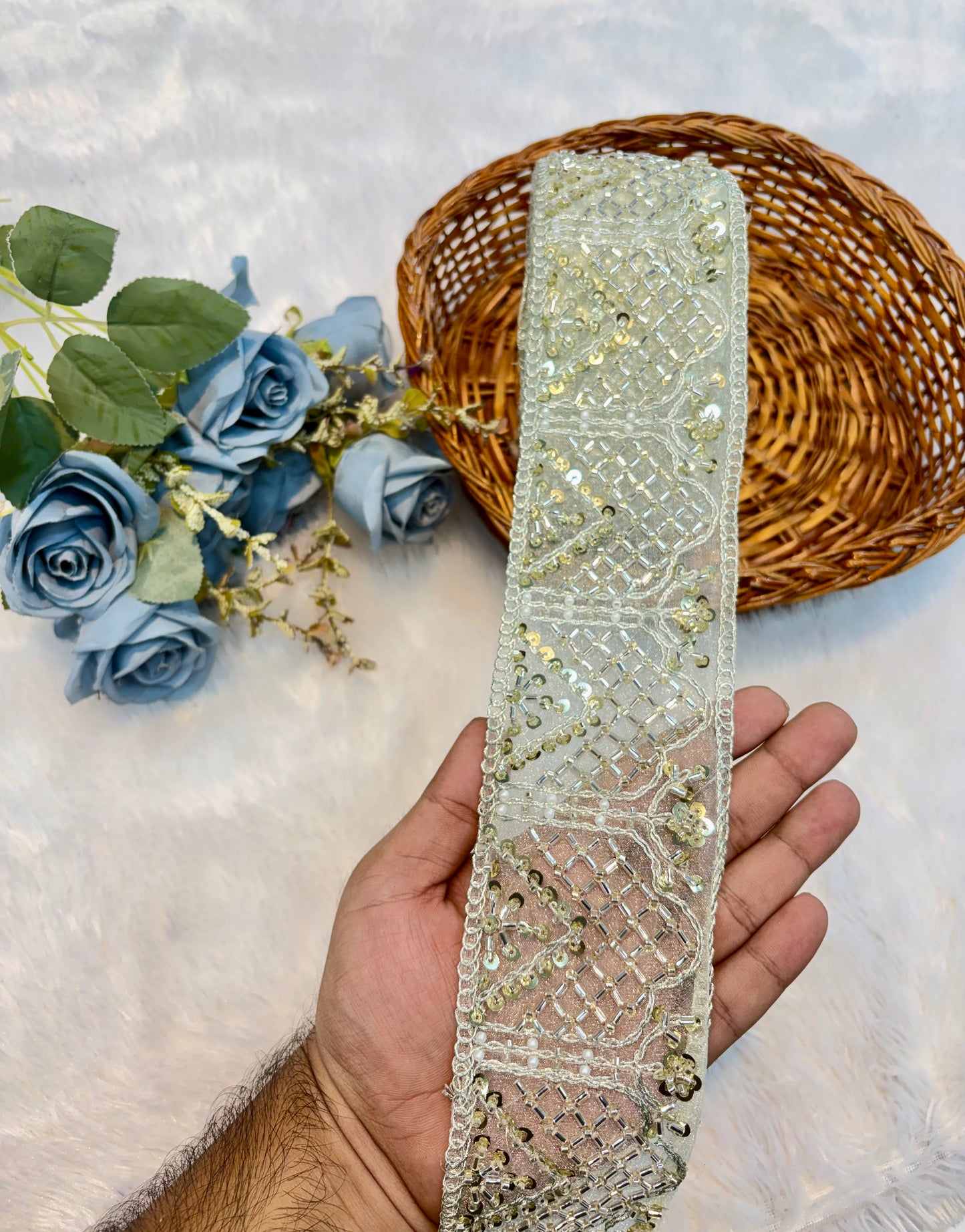 Premium Handmade Embroidered Lace – 9 Meter Designer Border Trim (water green)