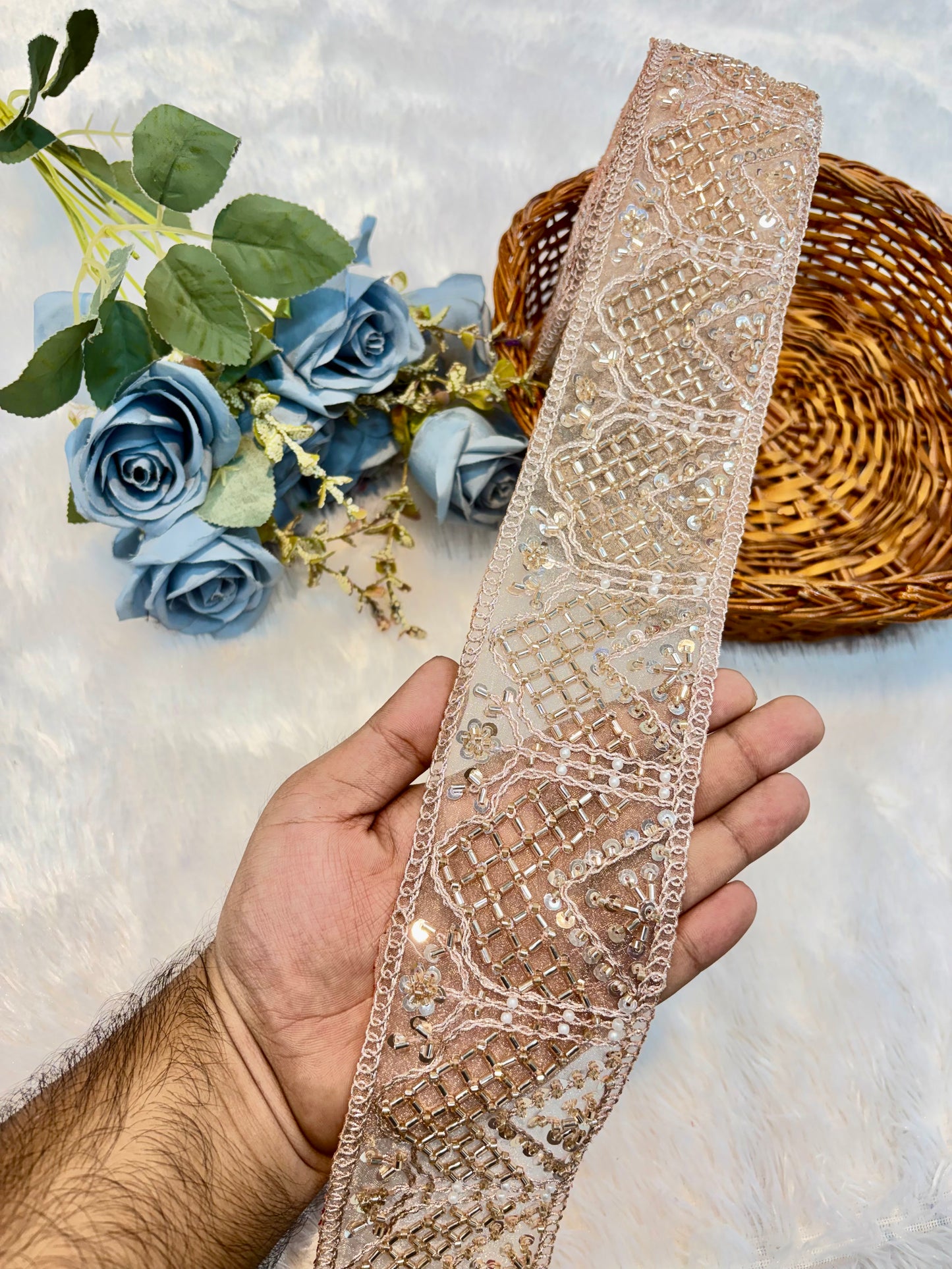 Premium Handmade Embroidered Lace – 9 Meter Designer Border Trim (rose gold)