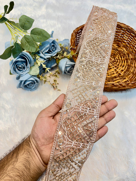 Premium Handmade Embroidered Lace – 9 Meter Designer Border Trim (rose gold)