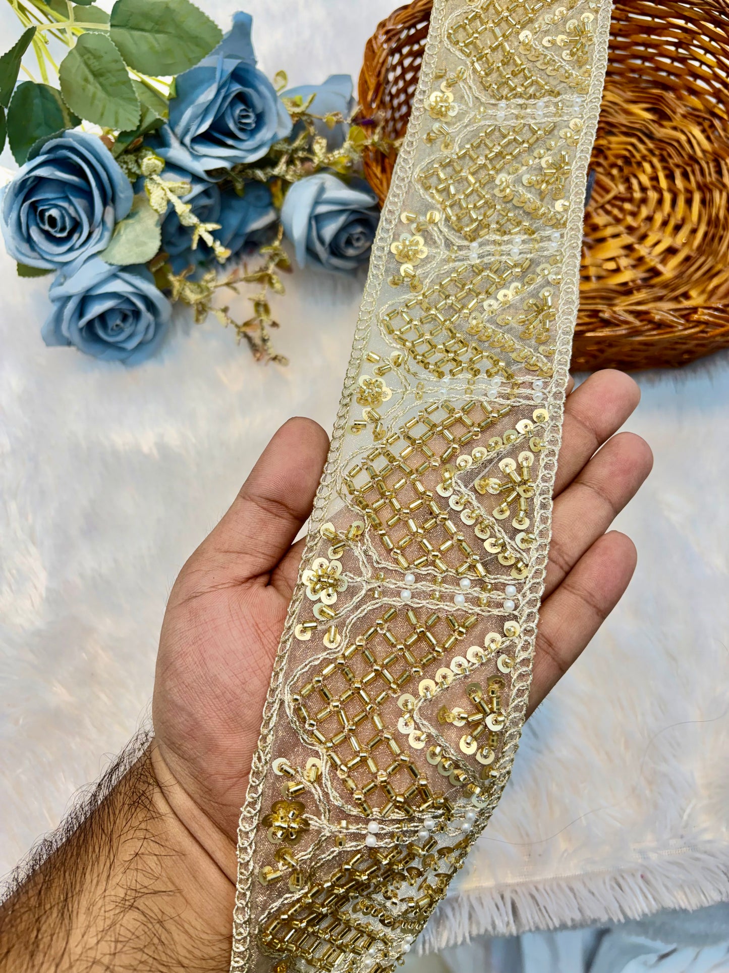 Premium Handmade Embroidered Lace – 9 Meter Designer Border Trim (GOLD)