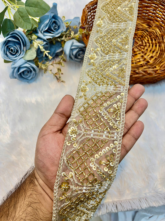 Premium Handmade Embroidered Lace – 9 Meter Designer Border Trim (GOLD)