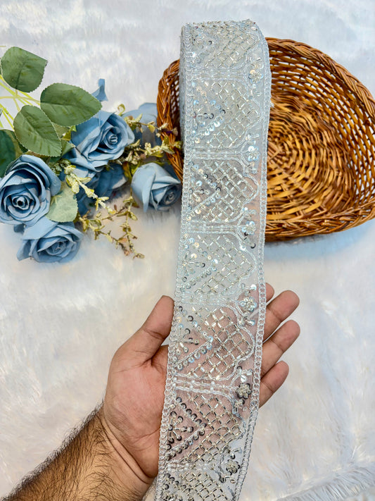 Premium Handmade Embroidered Lace – 9 Meter Designer Border Trim (silver)