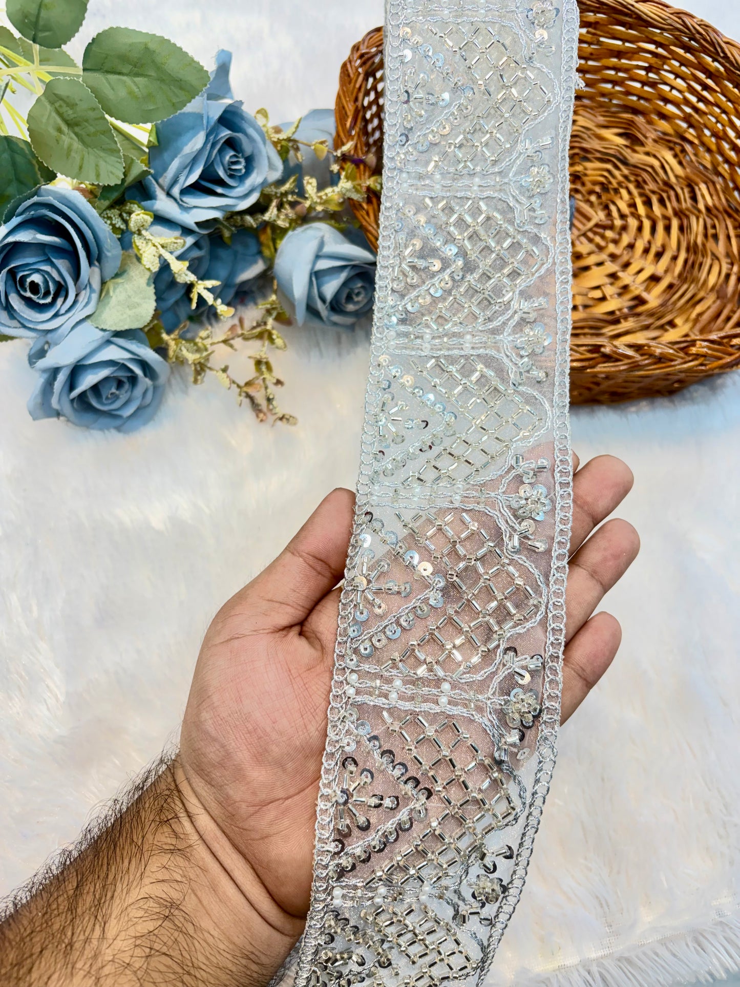 Premium Handmade Embroidered Lace – 9 Meter Designer Border Trim (silver)
