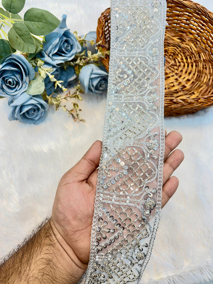 Premium Handmade Embroidered Lace – 9 Meter Designer Border Trim (silver)