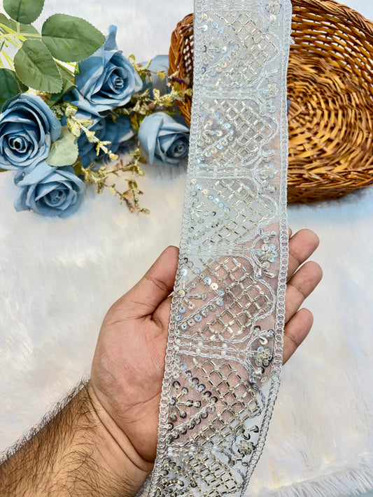 Premium Handmade Embroidered Lace – 9 Meter Designer Border Trim (silver)
