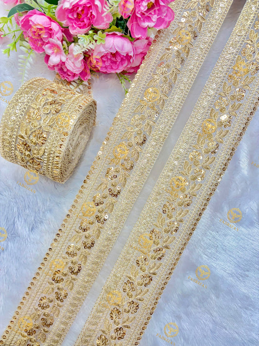 Premium Maharani Gold Zari Embroidered Lace 3inch (pack of 9 meter )  Saree border, lehenga, blouse, dupatta, gowns