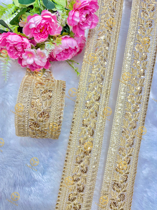 Premium Maharani Gold Zari Embroidered Lace 3inch (pack of 9 meter )  Saree border, lehenga, blouse, dupatta, gowns