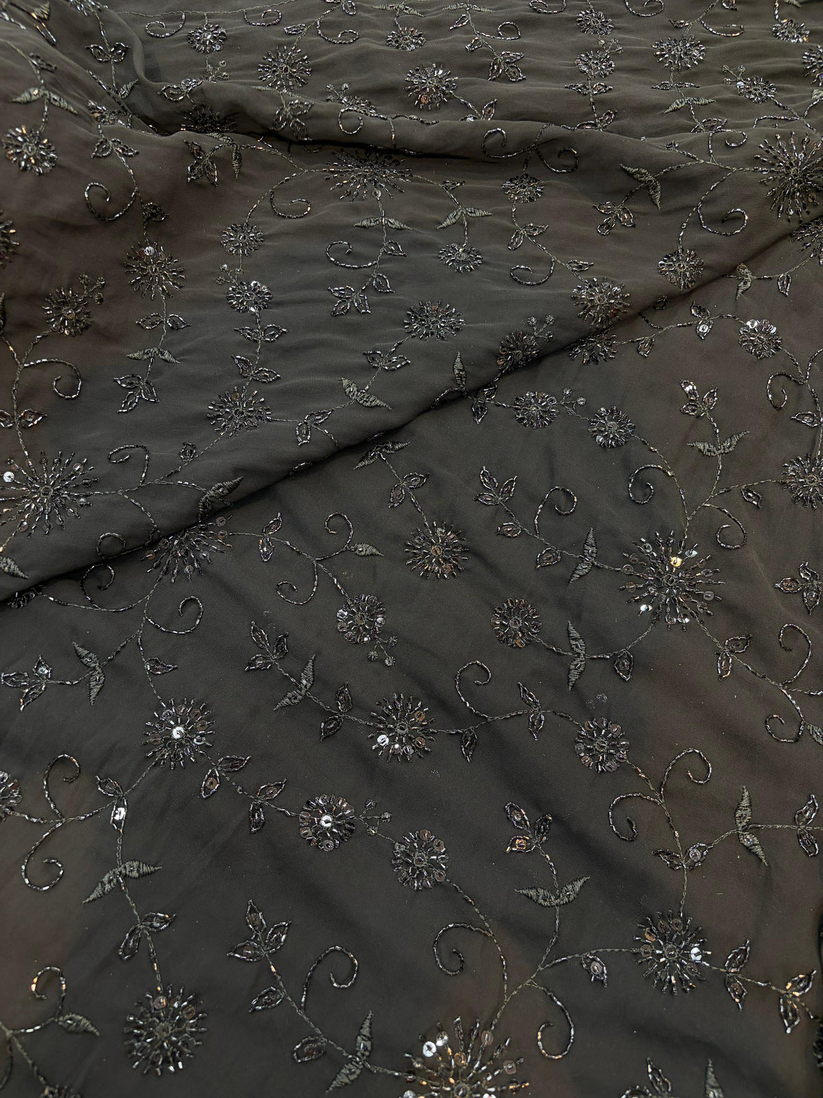 Midnight Bloom Beaded pure foog Georgette  soft structure Fabric  width 44 sare , frock , blouse and etc