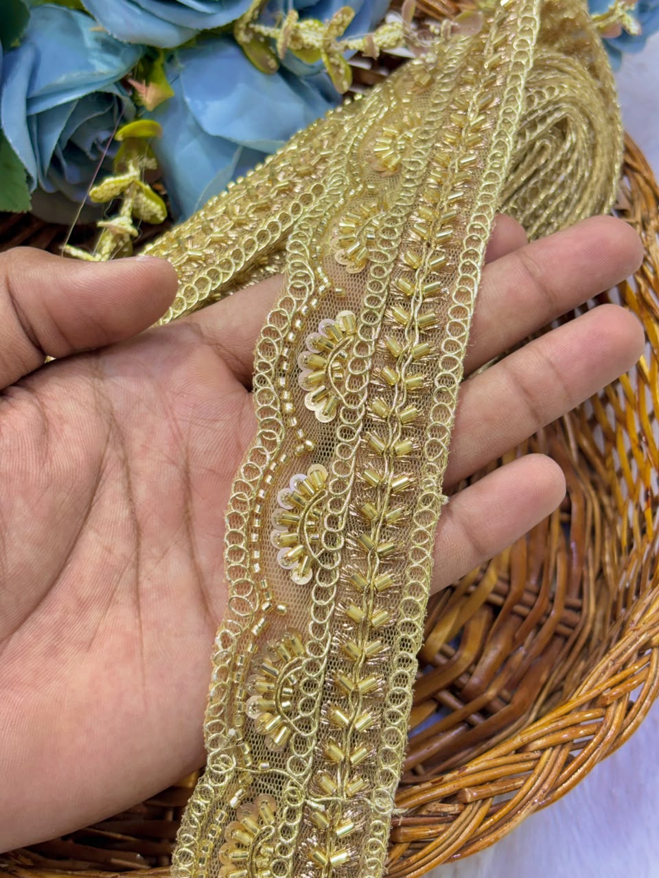 ✨ Premium Golden hand made  Embroidered Zari Lace – Elegant Decorative Border pack of 9 meter rose golden