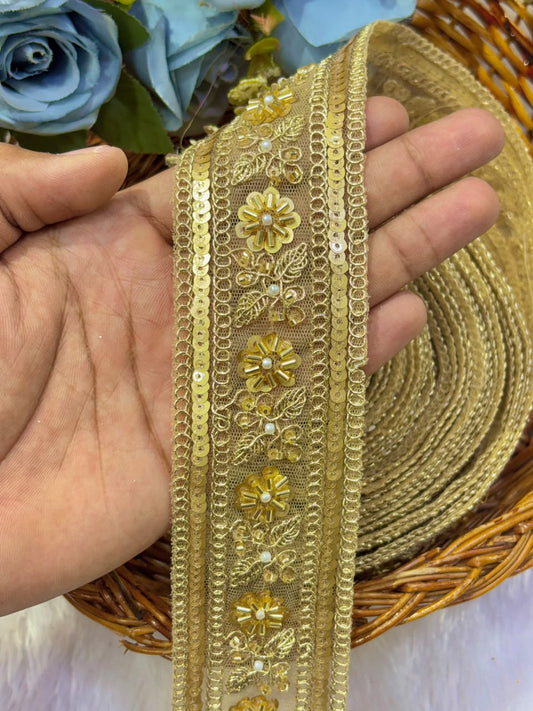 ✨ Premium Golden hand made Embroidered Zari Lace – Elegant Decorative Border pack of 9 meter golden