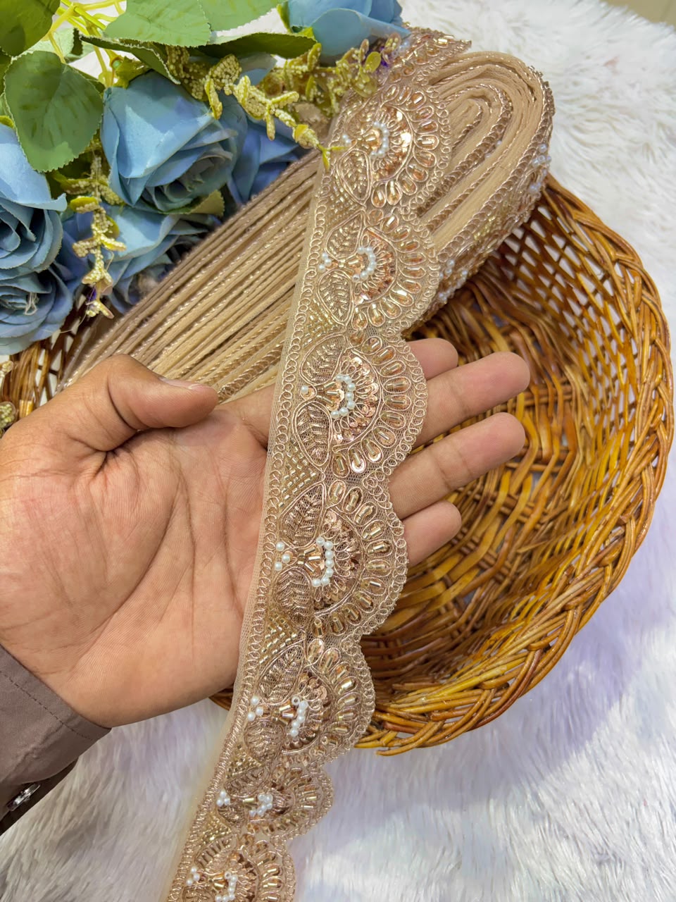 ✨ Premium handmade  Golden cutwork Embroidered Zari Lace – Elegant Decorative Border pack of 9 meter rose gold colour