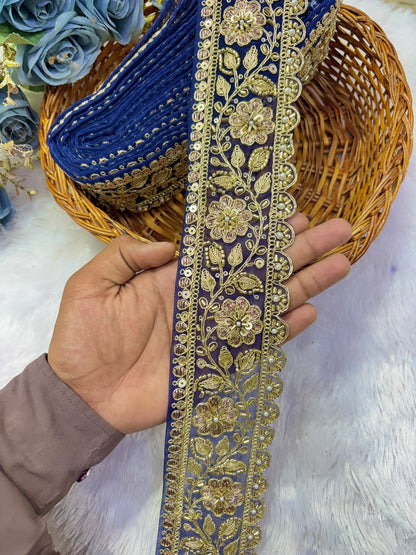 ✨ Premium Golden Embroidered Zari Lace – Elegant Decorative Border pack of 9 meter DARK BLUE